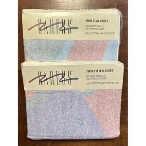 Vtg Caress Percale Twin Flat & Fitted Sheets No Iron Retro 80's Made USA NEW NOS